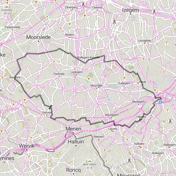 Miniature de la carte de l'inspiration cycliste "Parcours pittoresque de Leie et Beselare" dans la Prov. West-Vlaanderen, Belgium. Générée par le planificateur d'itinéraire cycliste Tarmacs.app