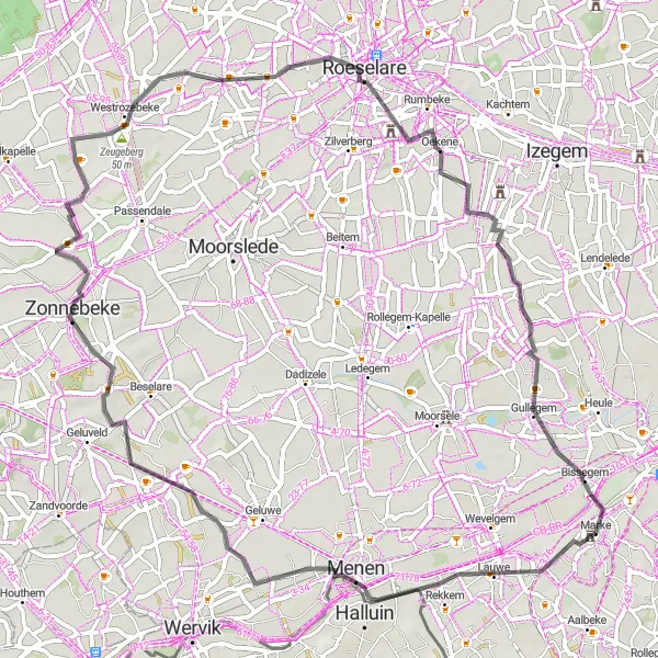 Map miniature of "War Memorial Route" cycling inspiration in Prov. West-Vlaanderen, Belgium. Generated by Tarmacs.app cycling route planner
