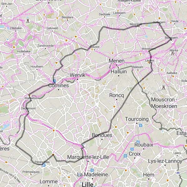 Karten-Miniaturansicht der Radinspiration "Straßenradtour durch Kortrijk und Umgebung" in Prov. West-Vlaanderen, Belgium. Erstellt vom Tarmacs.app-Routenplaner für Radtouren