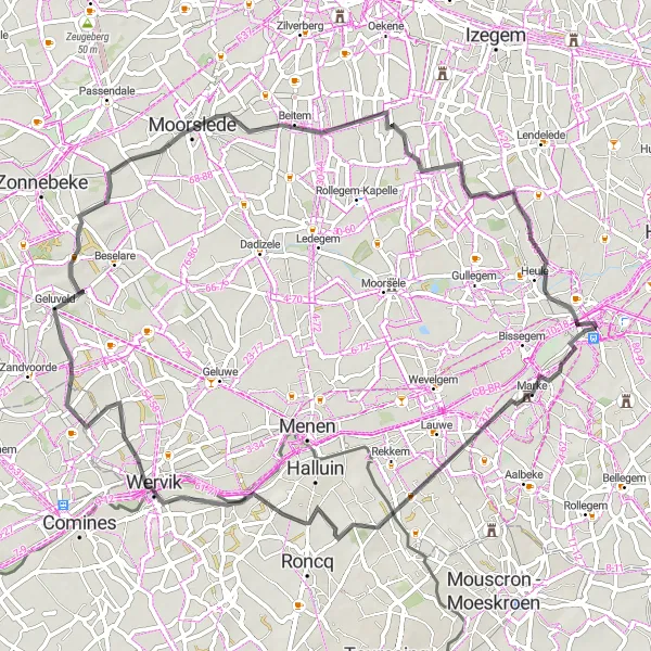 Miniatuurkaart van de fietsinspiratie "Grensoverschrijdende tour" in Prov. West-Vlaanderen, Belgium. Gemaakt door de Tarmacs.app fietsrouteplanner