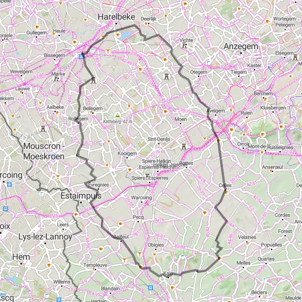 Map miniature of "Historical Castles Route" cycling inspiration in Prov. West-Vlaanderen, Belgium. Generated by Tarmacs.app cycling route planner