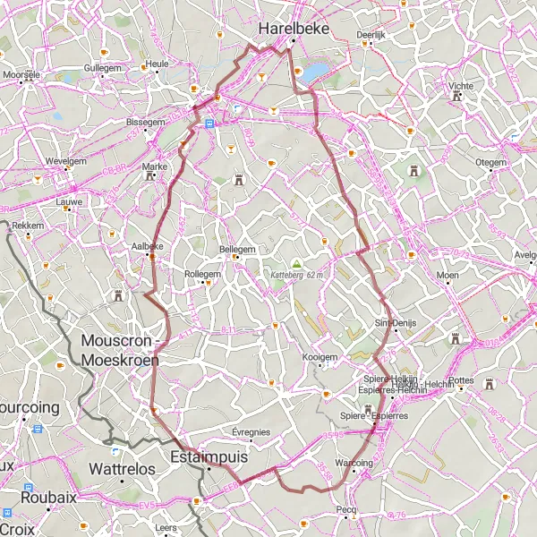 Miniatuurkaart van de fietsinspiratie "Gravelroute Kuurne - Zwevegem" in Prov. West-Vlaanderen, Belgium. Gemaakt door de Tarmacs.app fietsrouteplanner