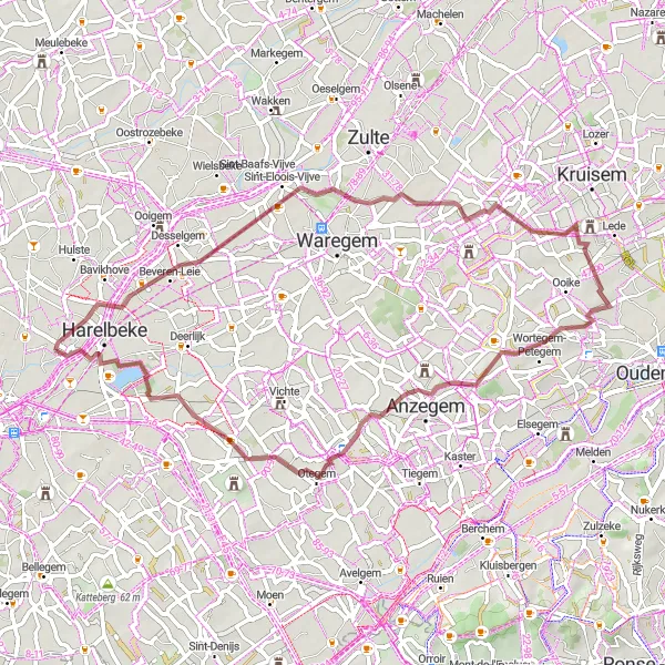 Miniature de la carte de l'inspiration cycliste "Parcours de gravel à Beveren-Leie" dans la Prov. West-Vlaanderen, Belgium. Générée par le planificateur d'itinéraire cycliste Tarmacs.app