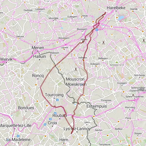 Miniatuurkaart van de fietsinspiratie "Gravelroute langs de Leie" in Prov. West-Vlaanderen, Belgium. Gemaakt door de Tarmacs.app fietsrouteplanner