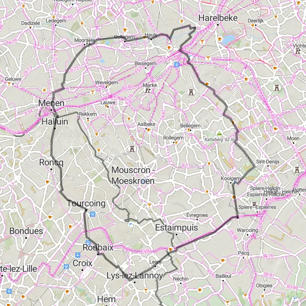 Map miniature of "The Flemish Roubaix" cycling inspiration in Prov. West-Vlaanderen, Belgium. Generated by Tarmacs.app cycling route planner