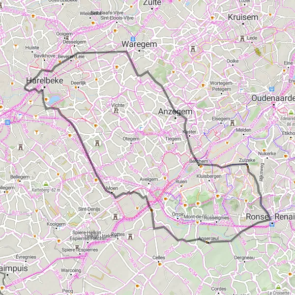 Map miniature of "Anzegem to Escanaffles" cycling inspiration in Prov. West-Vlaanderen, Belgium. Generated by Tarmacs.app cycling route planner