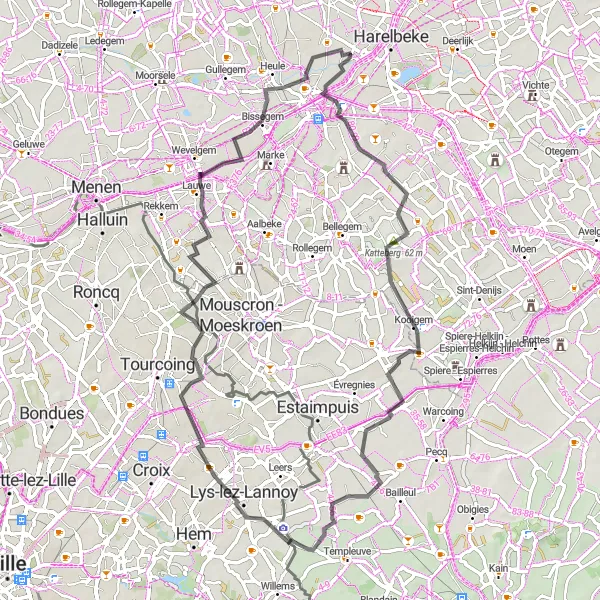 Karten-Miniaturansicht der Radinspiration "Kuurne - Lauwe - Kuurne Rundtour" in Prov. West-Vlaanderen, Belgium. Erstellt vom Tarmacs.app-Routenplaner für Radtouren