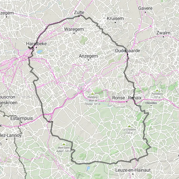 Map miniature of "Kuurne and Surrounding Hills" cycling inspiration in Prov. West-Vlaanderen, Belgium. Generated by Tarmacs.app cycling route planner