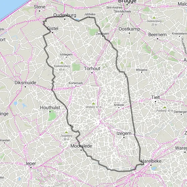 Map miniature of "Exploring the Countryside South of Kuurne" cycling inspiration in Prov. West-Vlaanderen, Belgium. Generated by Tarmacs.app cycling route planner