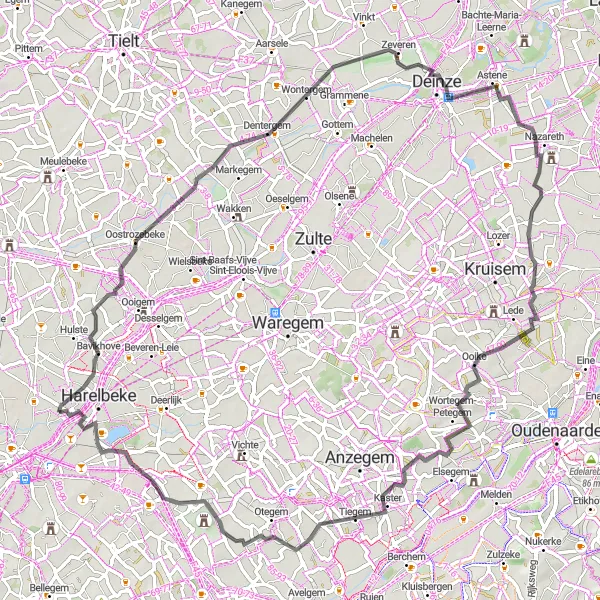 Miniature de la carte de l'inspiration cycliste "De Bavikhove à Stasegem par Petegemberg" dans la Prov. West-Vlaanderen, Belgium. Générée par le planificateur d'itinéraire cycliste Tarmacs.app