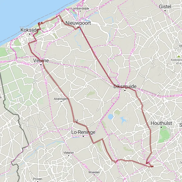 Map miniature of "Langemark - Diksmuide Gravel Route" cycling inspiration in Prov. West-Vlaanderen, Belgium. Generated by Tarmacs.app cycling route planner