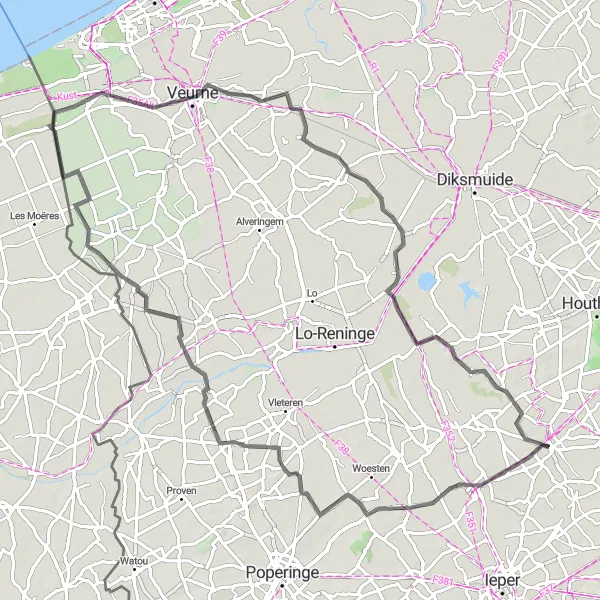 Map miniature of "Langemark - Veurne Loop" cycling inspiration in Prov. West-Vlaanderen, Belgium. Generated by Tarmacs.app cycling route planner