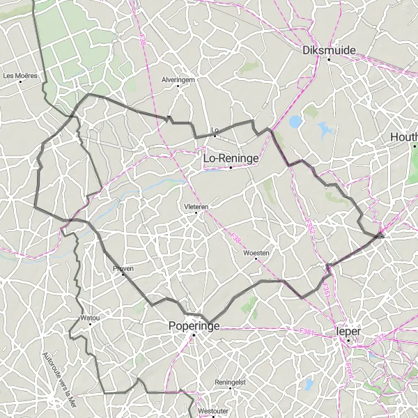 Map miniature of "A Ride Through the Countryside" cycling inspiration in Prov. West-Vlaanderen, Belgium. Generated by Tarmacs.app cycling route planner