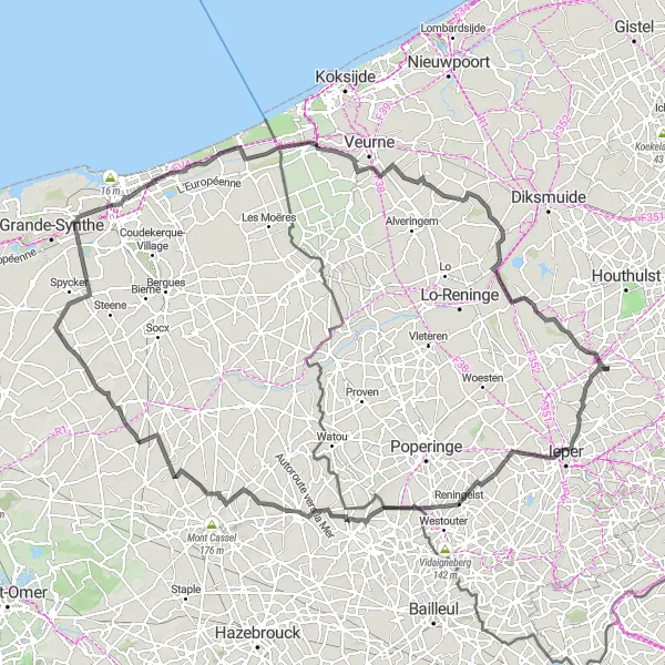 Miniatuurkaart van de fietsinspiratie "Uitdagende rit door Franse grensdorpen" in Prov. West-Vlaanderen, Belgium. Gemaakt door de Tarmacs.app fietsrouteplanner