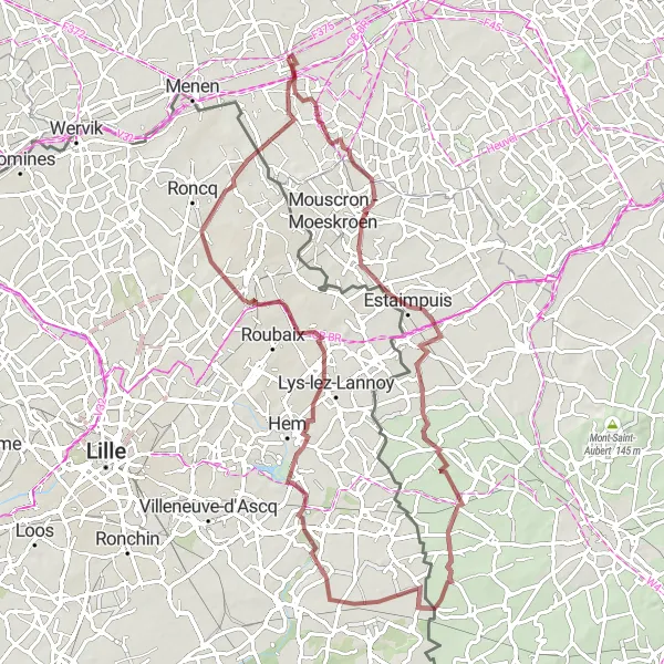Karten-Miniaturansicht der Radinspiration "Abenteuerliche Gravel-Tour durch Luingne-Lowingen" in Prov. West-Vlaanderen, Belgium. Erstellt vom Tarmacs.app-Routenplaner für Radtouren