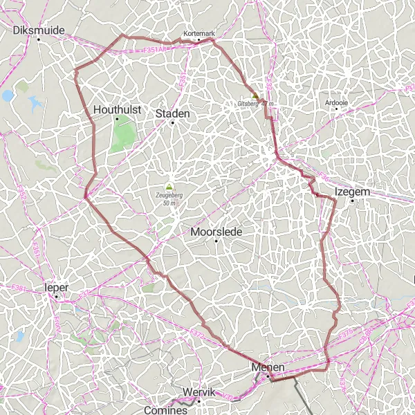Karten-Miniaturansicht der Radinspiration "Gravel-Rundfahrt durch Zonnebeke und Gits" in Prov. West-Vlaanderen, Belgium. Erstellt vom Tarmacs.app-Routenplaner für Radtouren