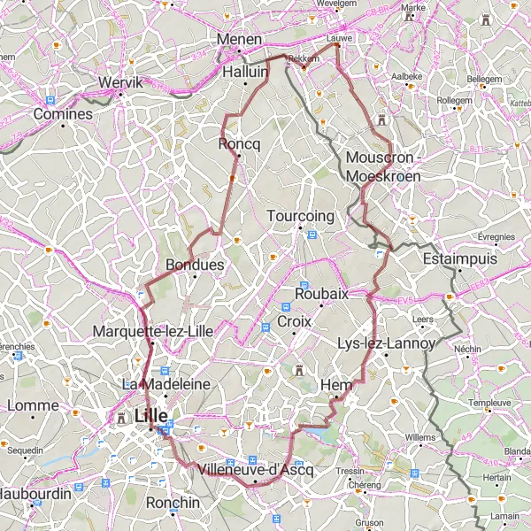 Karten-Miniaturansicht der Radinspiration "Gravel-Abenteuer durch Mouscron und Rekkem" in Prov. West-Vlaanderen, Belgium. Erstellt vom Tarmacs.app-Routenplaner für Radtouren