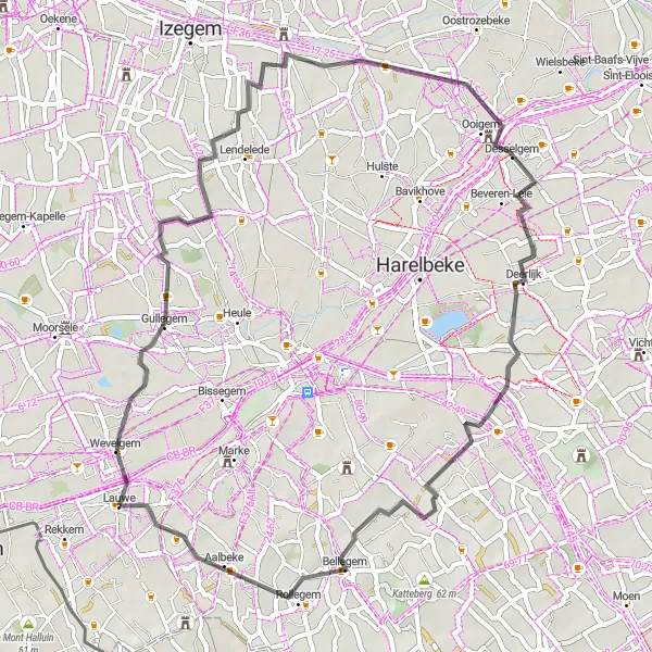Map miniature of "The Hidden Gems of South West Flanders" cycling inspiration in Prov. West-Vlaanderen, Belgium. Generated by Tarmacs.app cycling route planner