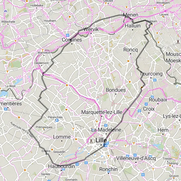 Miniature de la carte de l'inspiration cycliste "Vers la France et au-delà" dans la Prov. West-Vlaanderen, Belgium. Générée par le planificateur d'itinéraire cycliste Tarmacs.app
