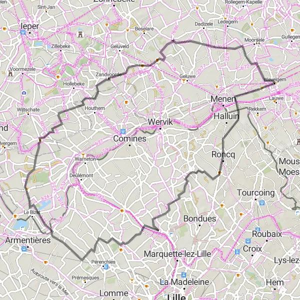 Map miniature of "The Battlefields and Bunkers" cycling inspiration in Prov. West-Vlaanderen, Belgium. Generated by Tarmacs.app cycling route planner