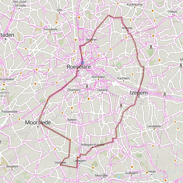Miniature de la carte de l'inspiration cycliste "Les Collines de Ledegem" dans la Prov. West-Vlaanderen, Belgium. Générée par le planificateur d'itinéraire cycliste Tarmacs.app