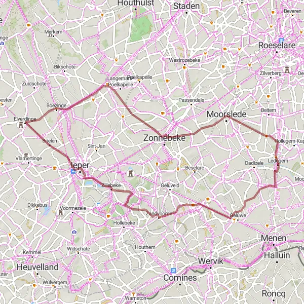 Miniature de la carte de l'inspiration cycliste "La Campagne de Zonnebeke" dans la Prov. West-Vlaanderen, Belgium. Générée par le planificateur d'itinéraire cycliste Tarmacs.app