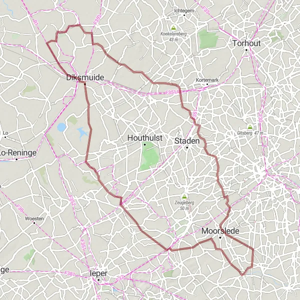 Map miniature of "Gravel Loop: Ledegem to Broodseinde and Back" cycling inspiration in Prov. West-Vlaanderen, Belgium. Generated by Tarmacs.app cycling route planner