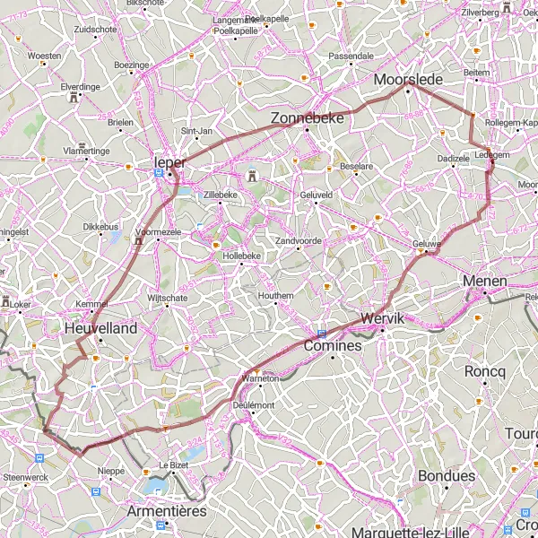 Miniatuurkaart van de fietsinspiratie "Gravelroute rond Ledegem en omgeving" in Prov. West-Vlaanderen, Belgium. Gemaakt door de Tarmacs.app fietsrouteplanner