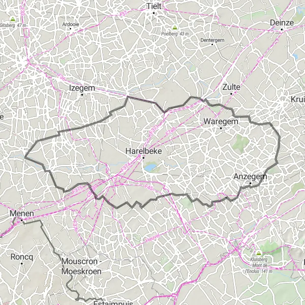 Karten-Miniaturansicht der Radinspiration "Rundtour durch Ledegem und Umgebung" in Prov. West-Vlaanderen, Belgium. Erstellt vom Tarmacs.app-Routenplaner für Radtouren