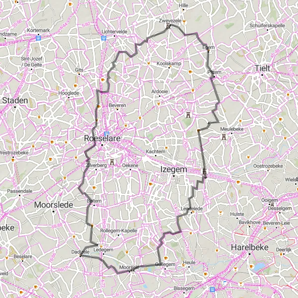 Miniatuurkaart van de fietsinspiratie "Weg Route door Dadizele en Roeselare" in Prov. West-Vlaanderen, Belgium. Gemaakt door de Tarmacs.app fietsrouteplanner