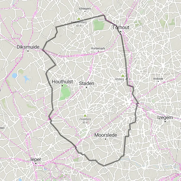 Miniature de la carte de l'inspiration cycliste "Les Châteaux de la Flandre" dans la Prov. West-Vlaanderen, Belgium. Générée par le planificateur d'itinéraire cycliste Tarmacs.app
