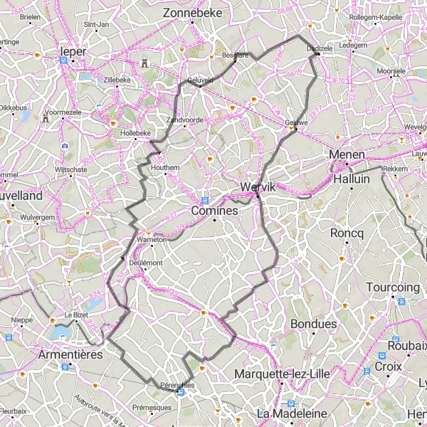 Miniature de la carte de l'inspiration cycliste "Les Trésors de Wervik" dans la Prov. West-Vlaanderen, Belgium. Générée par le planificateur d'itinéraire cycliste Tarmacs.app