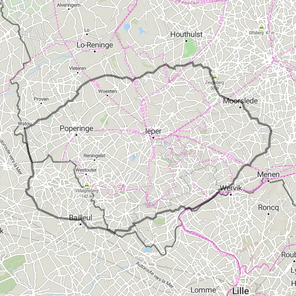Miniatuurkaart van de fietsinspiratie "Wegroute richting Mont de Lille en 't Couthof" in Prov. West-Vlaanderen, Belgium. Gemaakt door de Tarmacs.app fietsrouteplanner