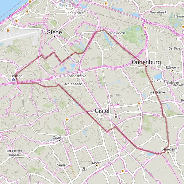 Miniatuurkaart van de fietsinspiratie "Gravelroute West-Vlaanderen" in Prov. West-Vlaanderen, Belgium. Gemaakt door de Tarmacs.app fietsrouteplanner
