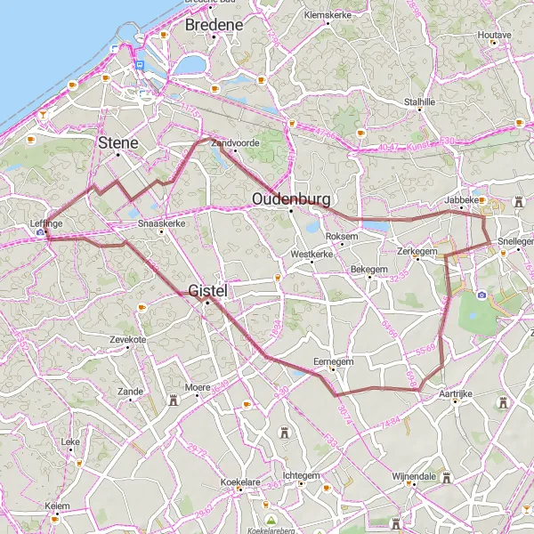 Map miniature of "Leffinge to "Le Petit Chateau" Gravel Adventure" cycling inspiration in Prov. West-Vlaanderen, Belgium. Generated by Tarmacs.app cycling route planner