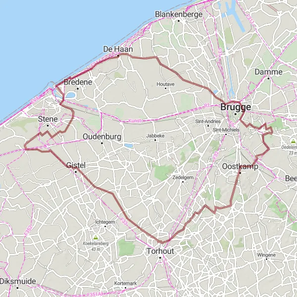 Miniature de la carte de l'inspiration cycliste "Parcours panoramique de 92 km autour de Leffinge" dans la Prov. West-Vlaanderen, Belgium. Générée par le planificateur d'itinéraire cycliste Tarmacs.app