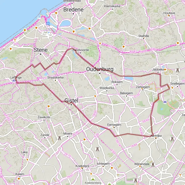 Map miniature of "Leffinge to "Le Petit Chateau" Gravel Escape" cycling inspiration in Prov. West-Vlaanderen, Belgium. Generated by Tarmacs.app cycling route planner