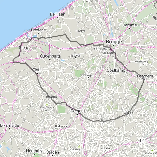 Map miniature of "Leffinge to Gistel Heritage Tour" cycling inspiration in Prov. West-Vlaanderen, Belgium. Generated by Tarmacs.app cycling route planner