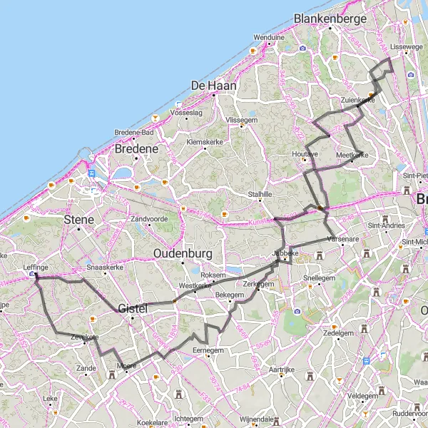 Miniature de la carte de l'inspiration cycliste "Boucle de 84 km à travers les villages flamands" dans la Prov. West-Vlaanderen, Belgium. Générée par le planificateur d'itinéraire cycliste Tarmacs.app