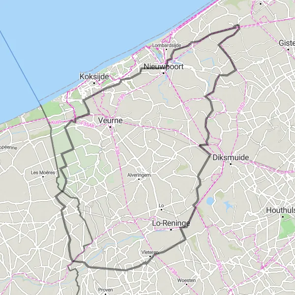 Map miniature of "Leffinge to Groenhagemolen Loop" cycling inspiration in Prov. West-Vlaanderen, Belgium. Generated by Tarmacs.app cycling route planner