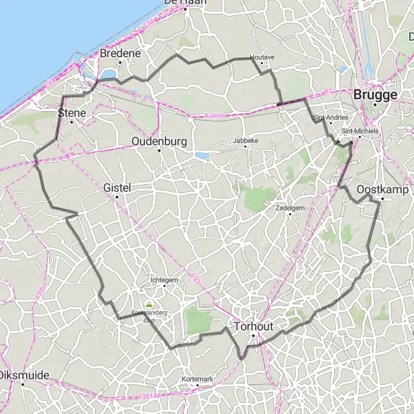 Map miniature of "Leffinge to Zevekote Loop" cycling inspiration in Prov. West-Vlaanderen, Belgium. Generated by Tarmacs.app cycling route planner