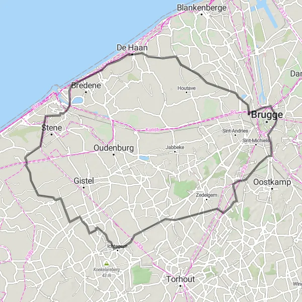 Map miniature of "Le Petit Chateau and Picturesque Villages" cycling inspiration in Prov. West-Vlaanderen, Belgium. Generated by Tarmacs.app cycling route planner