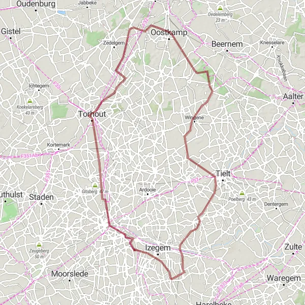 Map miniature of "Gravel Escape" cycling inspiration in Prov. West-Vlaanderen, Belgium. Generated by Tarmacs.app cycling route planner