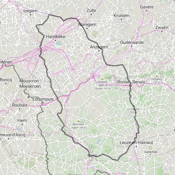 Miniatuurkaart van de fietsinspiratie "Grandioze route naar Kortrijk en Leuze-en-Hainaut" in Prov. West-Vlaanderen, Belgium. Gemaakt door de Tarmacs.app fietsrouteplanner