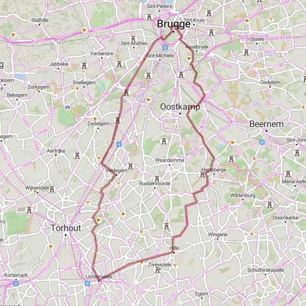 Miniature de la carte de l'inspiration cycliste "Parcours de gravel de Lichtervelde à Moerbrugge" dans la Prov. West-Vlaanderen, Belgium. Générée par le planificateur d'itinéraire cycliste Tarmacs.app