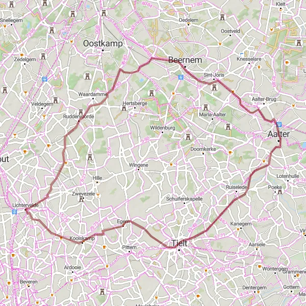 Miniatuurkaart van de fietsinspiratie "Avontuurlijke gravelroute richting Aalter" in Prov. West-Vlaanderen, Belgium. Gemaakt door de Tarmacs.app fietsrouteplanner