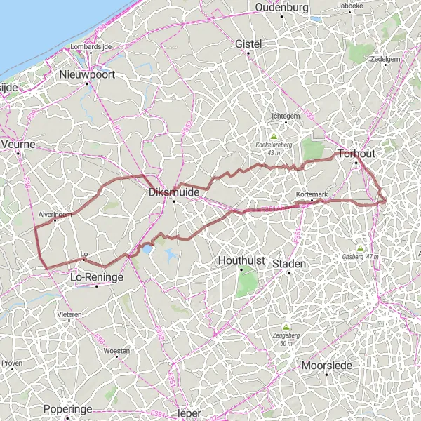 Miniatuurkaart van de fietsinspiratie "Lichtervelde - Zarren - Hoogstade - Vladslo - Edewalle - Torhout" in Prov. West-Vlaanderen, Belgium. Gemaakt door de Tarmacs.app fietsrouteplanner