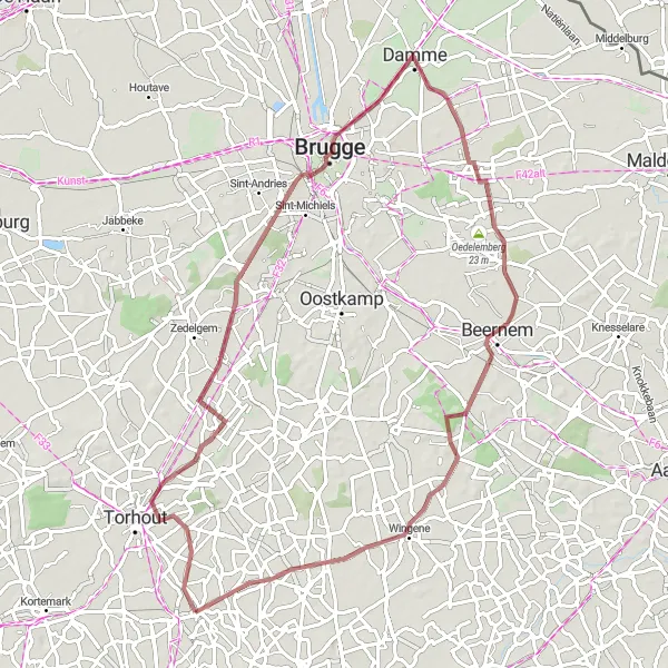 Miniatuurkaart van de fietsinspiratie "Gravelroute naar Damme en Oedelem" in Prov. West-Vlaanderen, Belgium. Gemaakt door de Tarmacs.app fietsrouteplanner