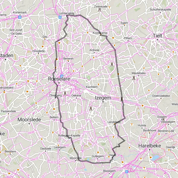 Miniatuurkaart van de fietsinspiratie "Wegroute rond Lichtervelde" in Prov. West-Vlaanderen, Belgium. Gemaakt door de Tarmacs.app fietsrouteplanner