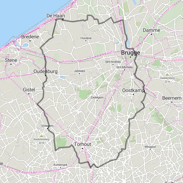 Karten-Miniaturansicht der Radinspiration "Abenteuerliche Fahrt durch Ruidenberg und Moerbrugge" in Prov. West-Vlaanderen, Belgium. Erstellt vom Tarmacs.app-Routenplaner für Radtouren